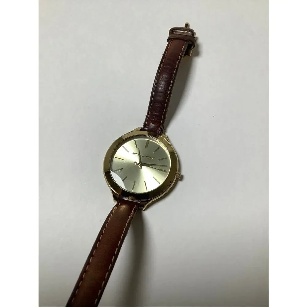 Michael Kors Women's Slim Runway Gold Dial Leather Band Double-Wrap Watch F15-15